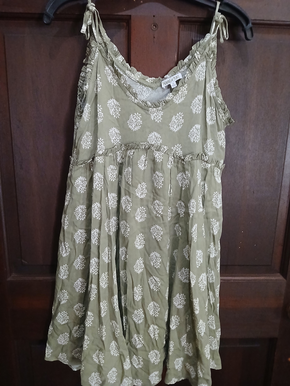 Patrons of Peace Olive Green & White Floral Tie-Shoulder Women's Dress Size M